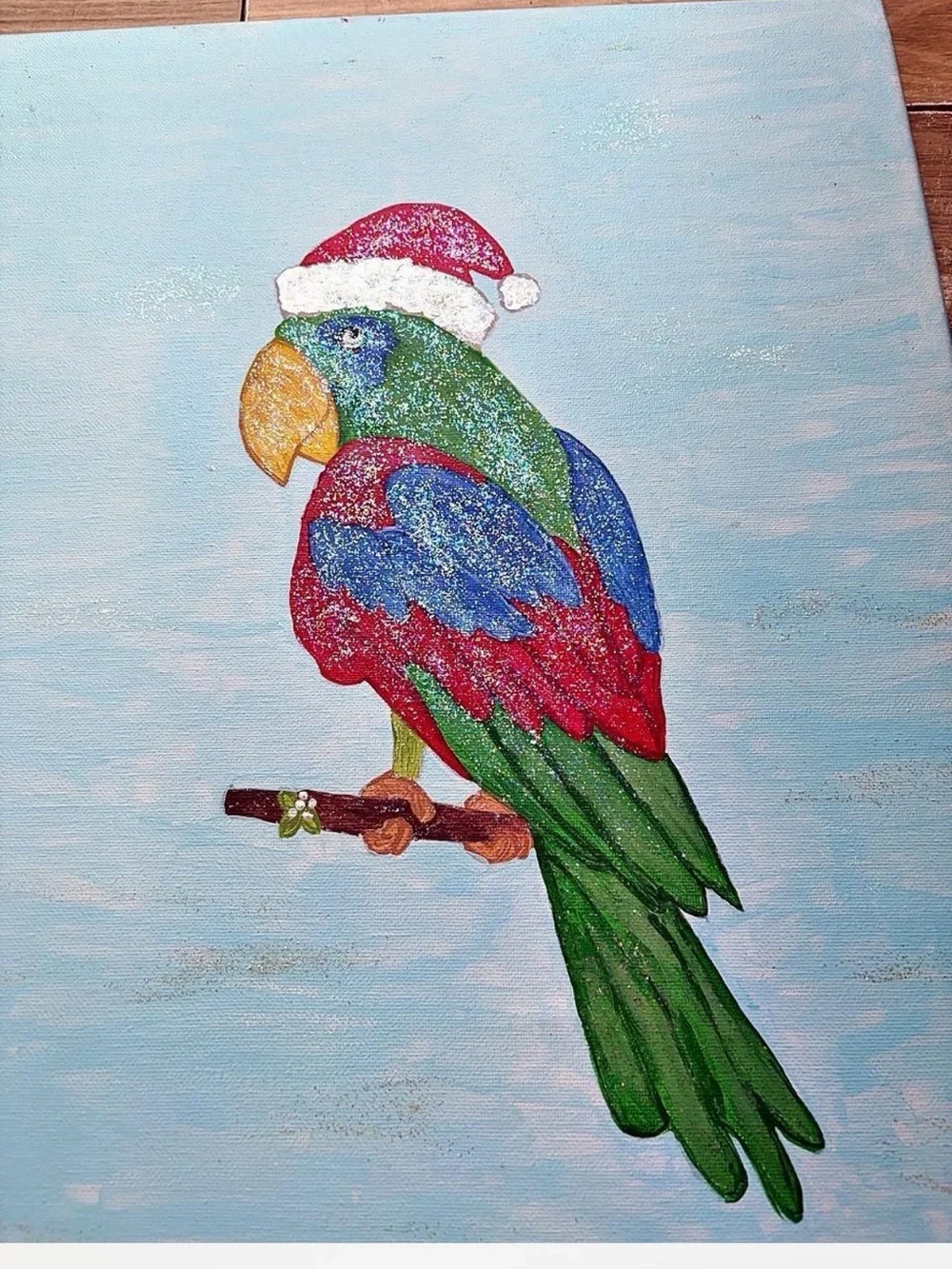 Festive Green Parrot Perch Art Print - Green Red Blue Bird Accent